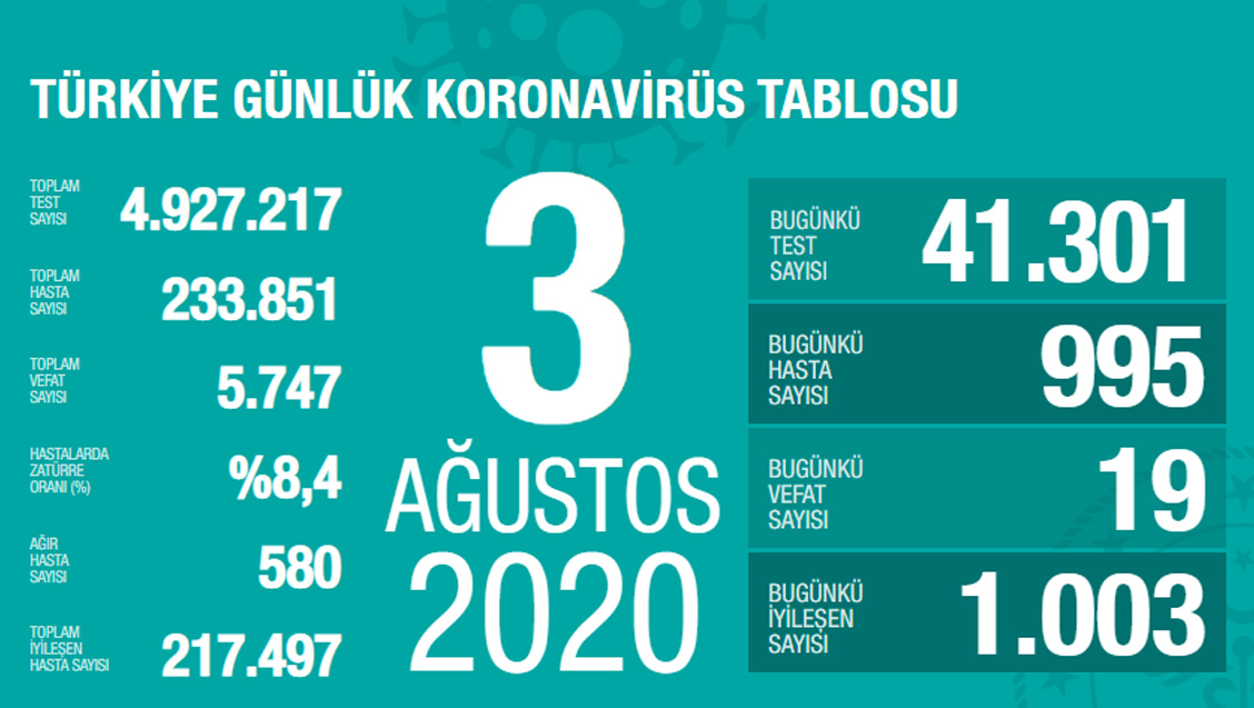 Sağlık Bakanlığı Türkiye'de Tespit Edilen Koronavirüs Olgu Sayısının 233.851'e Yükseldiğini Açıkladı