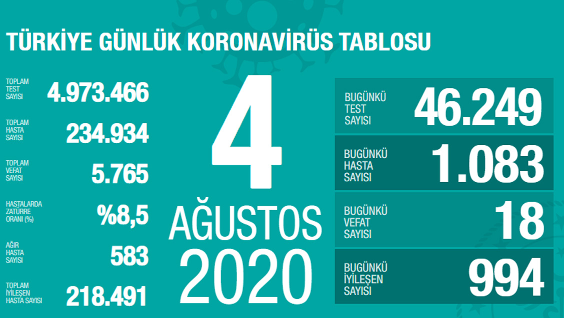 Sağlık Bakanlığı Türkiye'de Tespit Edilen Koronavirüs Olgu Sayısının 234.934'e Yükseldiğini Açıkladı