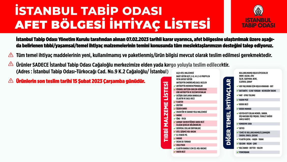 İstanbul Tabip Odası Afet Bölgesi İhtiyaç Listesi