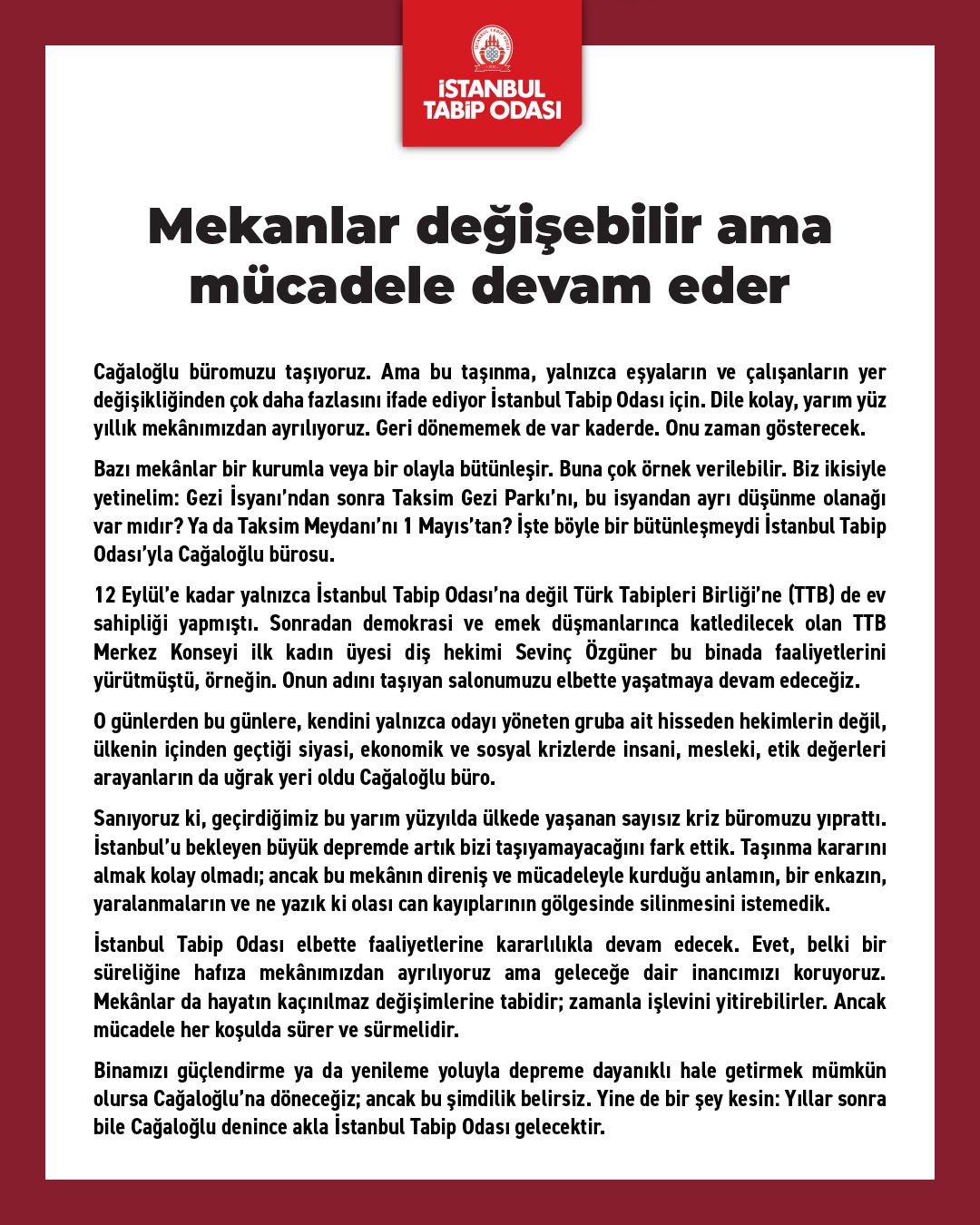 Mekânlar Değişebilir Ama Mücadele Devam Eder