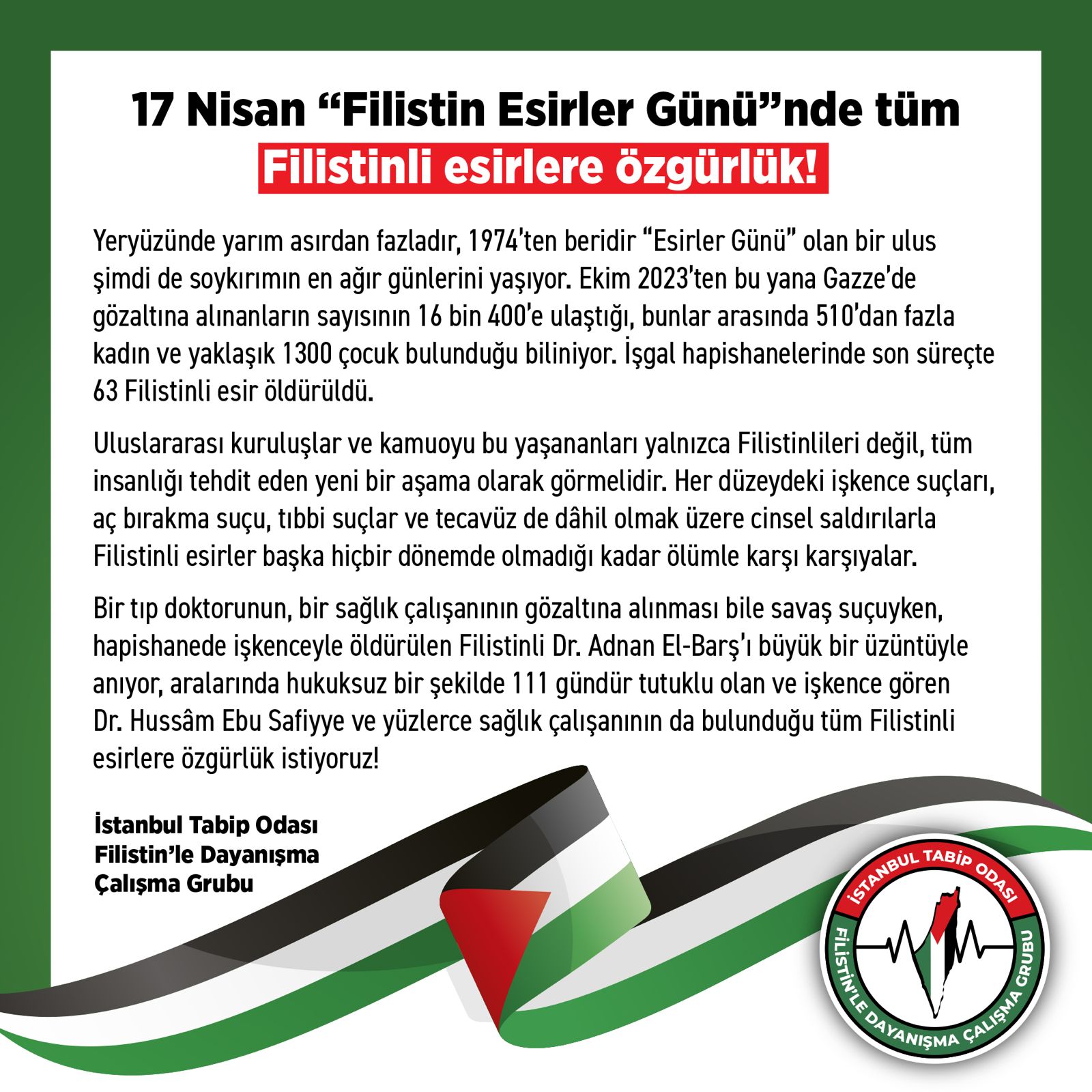 17 Nisan “Filistin Esirler Günü”nde Tüm Filistinli Esirlere Özgürlük!