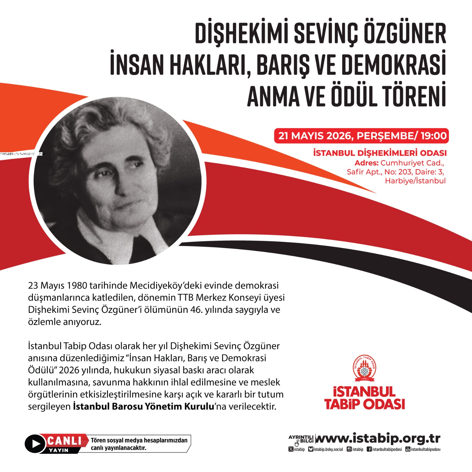 Dişhekimi Sevinç Özgüner İnsan Hakları, Barış ve Demokrasi Ödül ve Anma Töreni